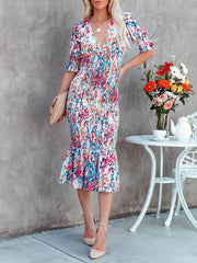 Printed V-neck Elastic Waist Ruffle  Dress