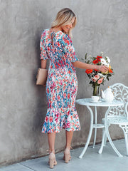 Printed V-neck Elastic Waist Ruffle  Dress