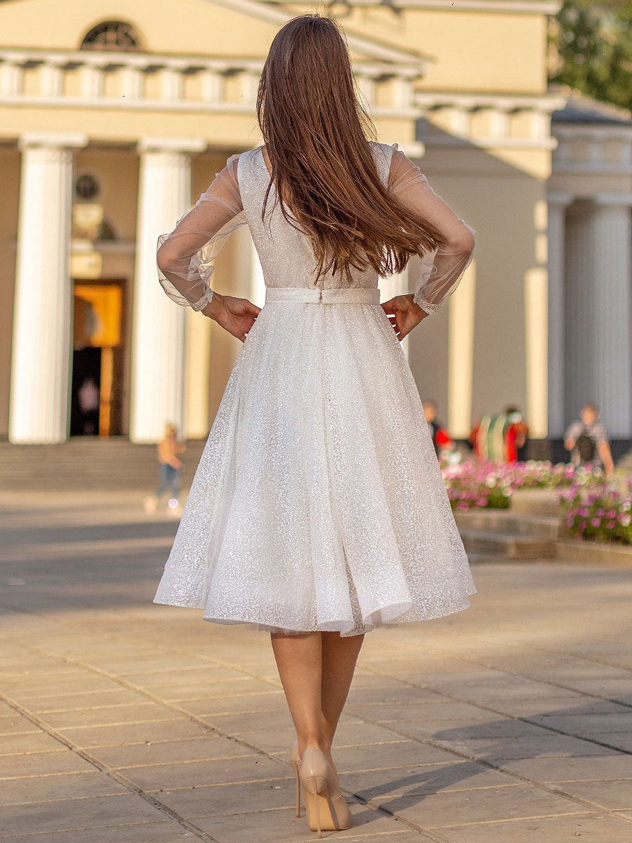 Mesh Crew Neck Sequin Long Sleeve Dress