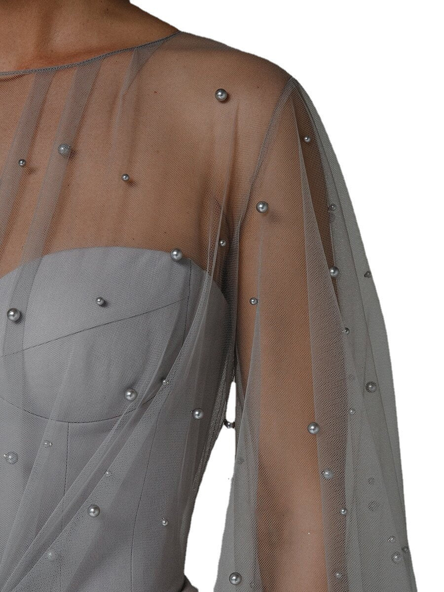 Tube Top Mesh Pearl Hip Pack Evening Dress