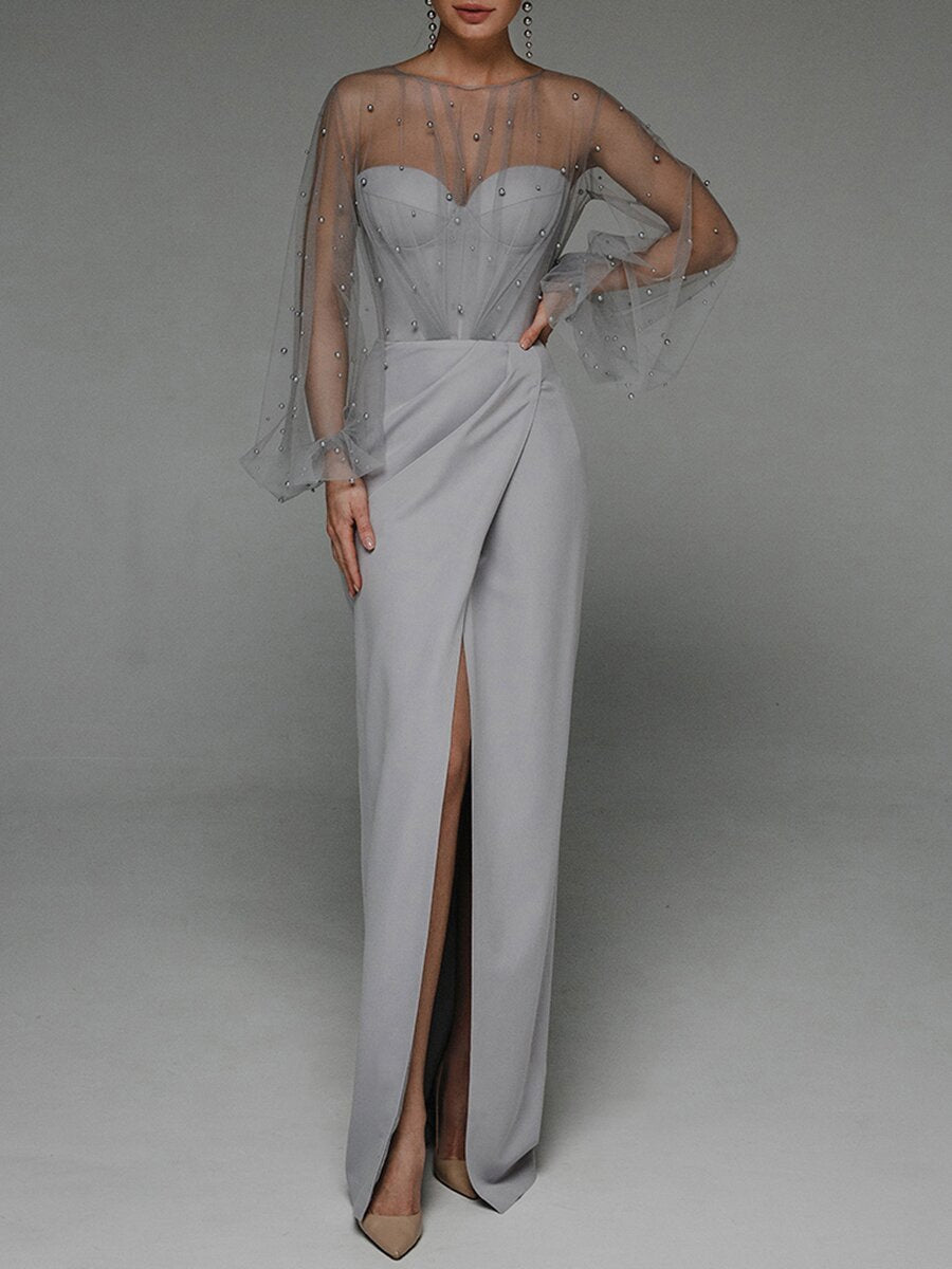 Tube Top Mesh Pearl Hip Pack Evening Dress