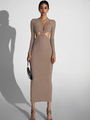Temperament Aushöhlen Rundhals Langarm Schlank Kleid 