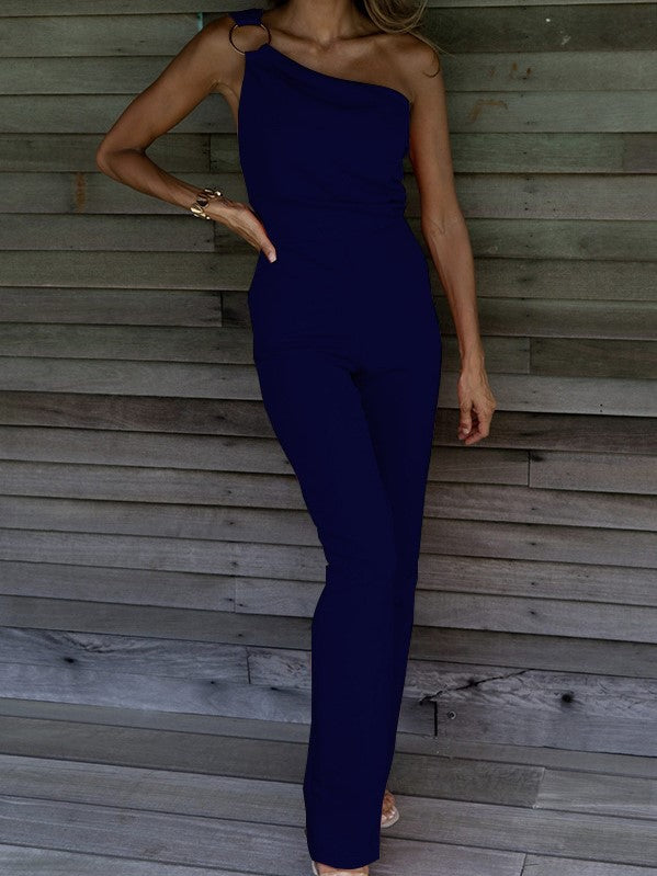 One Shoulder Solid Color One-piece Casual Pants