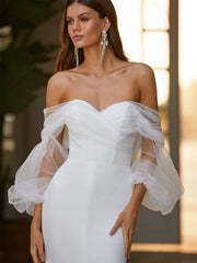 Mesh Langarm Weiß Temperament Split Abendkleid Brautkleid 