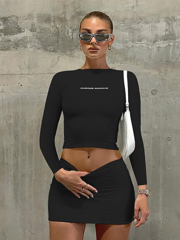 Letter Print Long Sleeve Top Slim Fit Short Skirt Set
