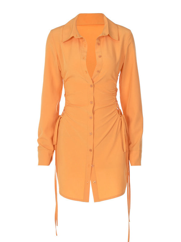 Side Cutout Tie Long Sleeve Slim Fit Dress