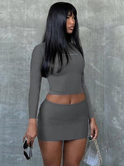 Letter Print Long Sleeve Top Slim Fit Short Skirt Set