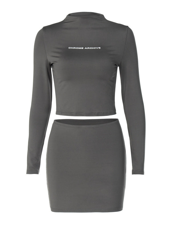 Letter Print Long Sleeve Top Slim Fit Short Skirt Set