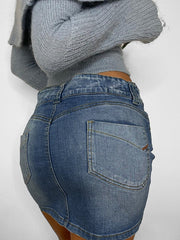 Asymmetric Belt Zip-panel Denim Skirt