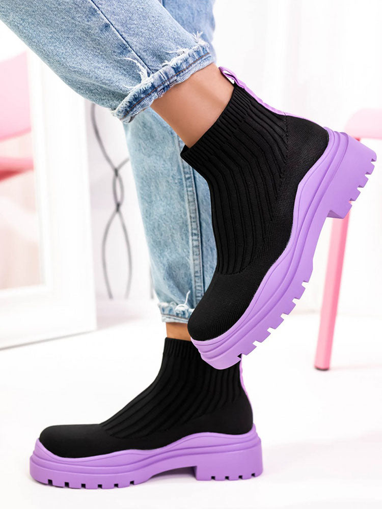 Strickstiefel mit Plateau und runder Spitze