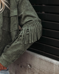 Jacke aus Wildlederimitat mit Fransen - Dusty Teal