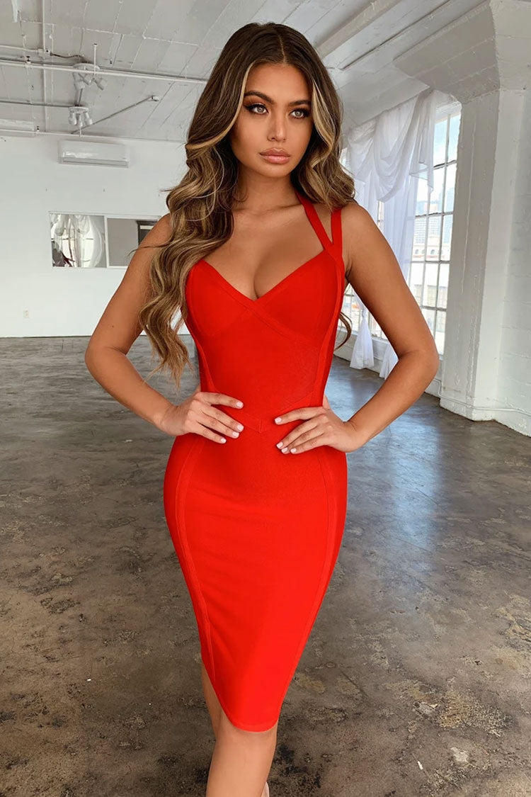 Einzigartiges Neckholder-Bandage-Cocktailkleid in Midilänge mit figurbetontem Schnitt - Rot