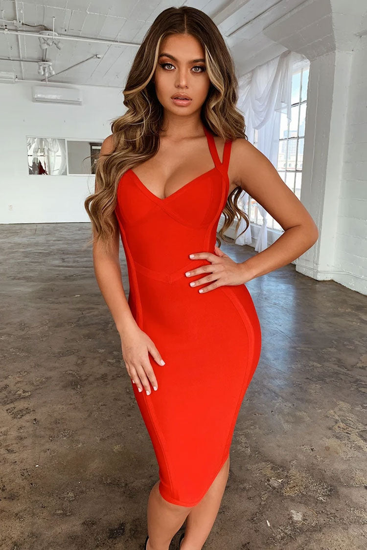 Einzigartiges Neckholder-Bandage-Cocktailkleid in Midilänge mit figurbetontem Schnitt - Rot