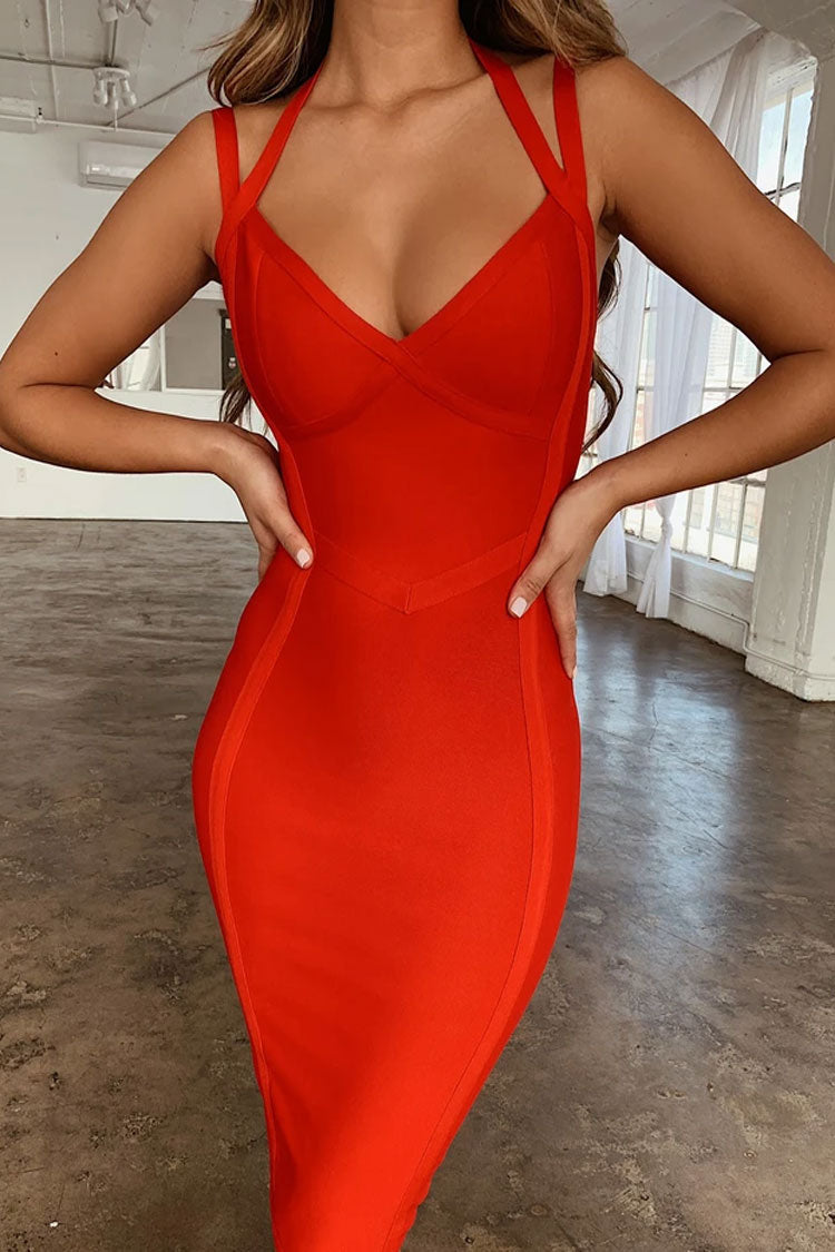 Einzigartiges Neckholder-Bandage-Cocktailkleid in Midilänge mit figurbetontem Schnitt - Rot
