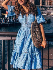 V-neck Short Sleeve Hollow Lace Dress Ins Street