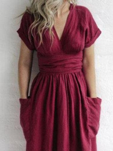V-neck Short Sleeve Pocket Solid Color Dress