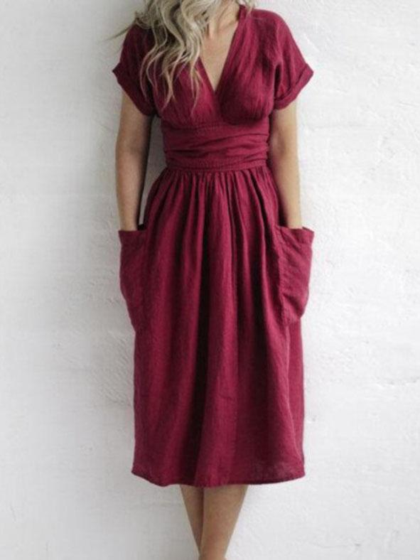 V-neck Short Sleeve Pocket Solid Color Dress