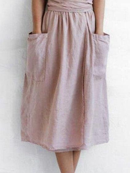 V-neck Short Sleeve Pocket Solid Color Dress