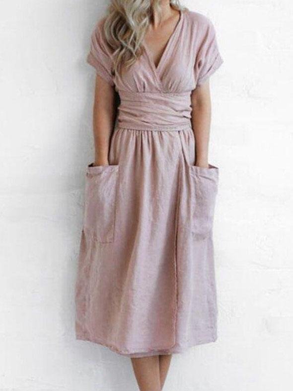 V-neck Short Sleeve Pocket Solid Color Dress