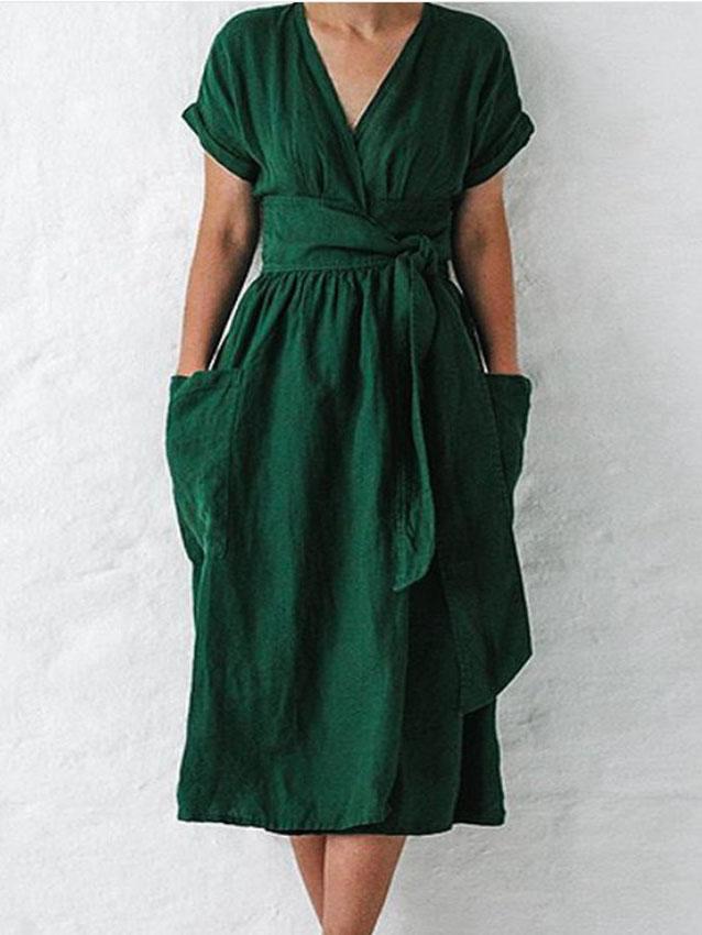 V-neck Short Sleeve Pocket Solid Color Dress