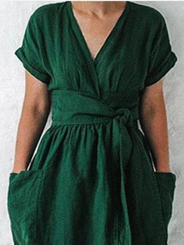 V-neck Short Sleeve Pocket Solid Color Dress