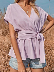 V-neck Short-sleeved Solid Loose Blouse