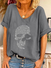 V-neck Skull Print Loose Short Sleeve T-shirt Ins Street