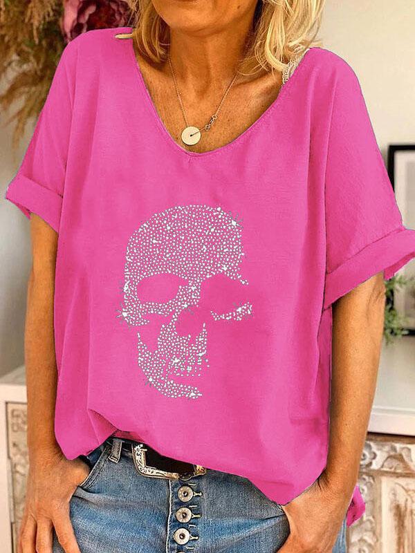 V-neck Skull Print Loose Short Sleeve T-shirt Ins Street