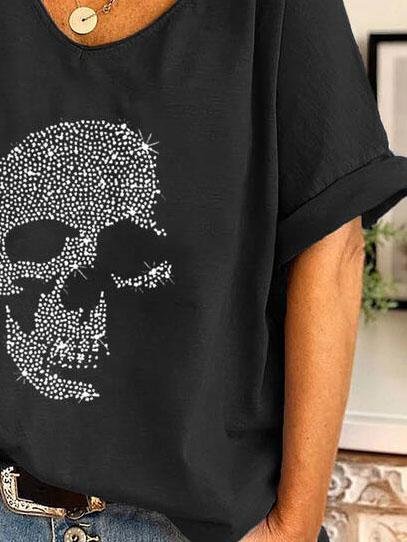 V-neck Skull Print Loose Short Sleeve T-shirt Ins Street