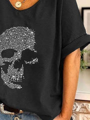 V-neck Skull Print Loose Short Sleeve T-shirt Ins Street