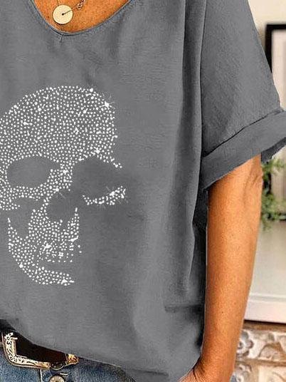 V-neck Skull Print Loose Short Sleeve T-shirt Ins Street