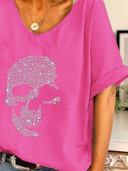 V-neck Skull Print Loose Short Sleeve T-shirt Ins Street