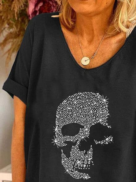 V-neck Skull Print Loose Short Sleeve T-shirt Ins Street