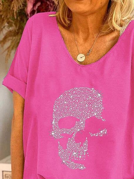 V-neck Skull Print Loose Short Sleeve T-shirt Ins Street
