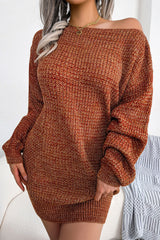 Vintage Bootshals Langarm Meliertes Strickpullover Minikleid - Kaffee