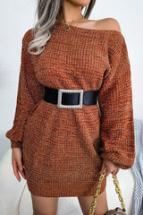 Vintage Bootshals Langarm Meliertes Strickpullover Minikleid - Kaffee