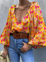 Vintage Butterfly Long Sleeve V-Neck Blouses Ins Street