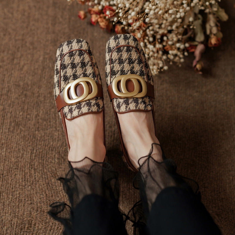 Ivee Chunky Heel Plaid Loafers with Gold Chain newgew