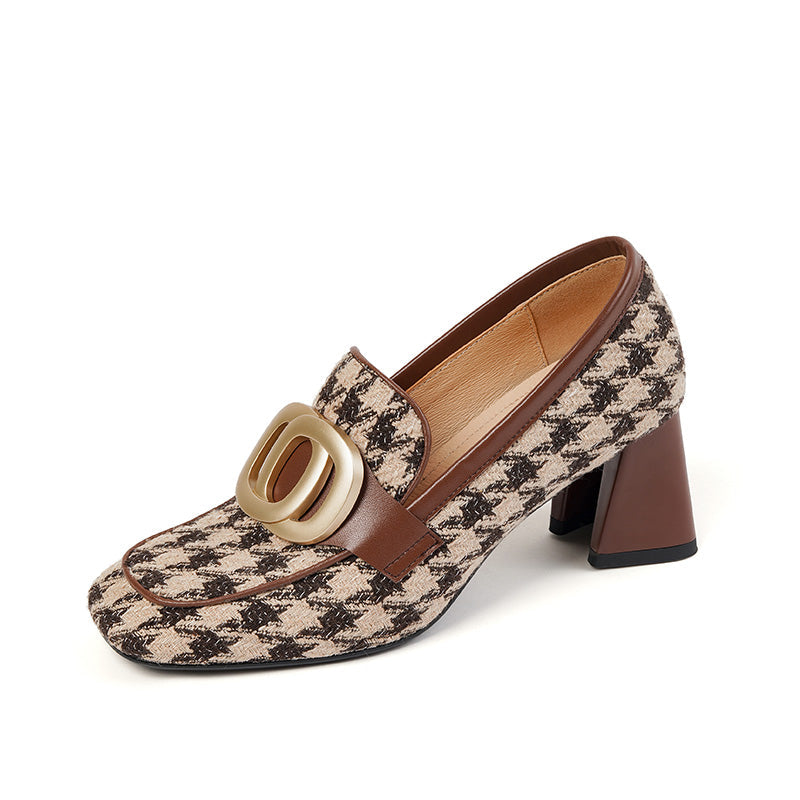 Ivee Chunky Heel Plaid Loafers with Gold Chain newgew