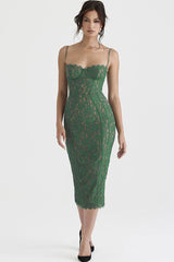 Vintage Eyelash Sweetheart Bodycon Spitzen-Cocktail-Midikleid - Grün