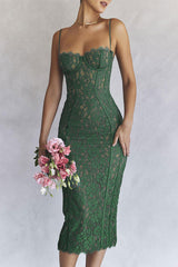 Vintage Eyelash Sweetheart Bodycon Spitzen-Cocktail-Midikleid - Grün