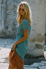 Vintage Floral Print Empire Waist Boho Dress - Teal Blue