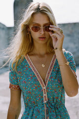 Vintage Floral Print Empire Waist Boho Dress - Teal Blue
