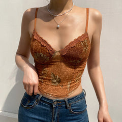 Vintage Spitzen-Tanktop mit herzförmigem Ausschnitt und Blumenmuster, transparentem Netzstoff, kurz, Braun