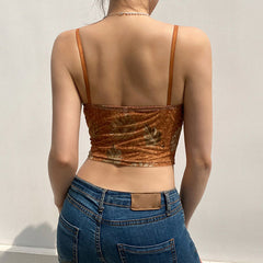 Vintage Spitzen-Tanktop mit herzförmigem Ausschnitt und Blumenmuster, transparentem Netzstoff, kurz, Braun