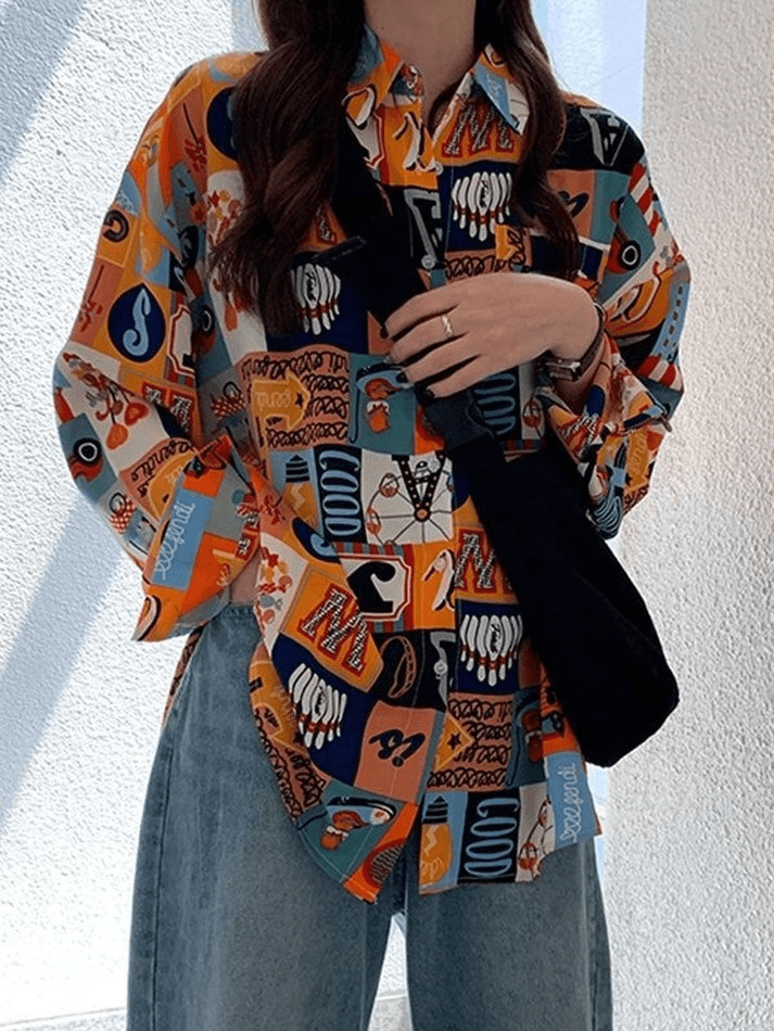 Vintage Mixed Print Long Sleeve Blouse