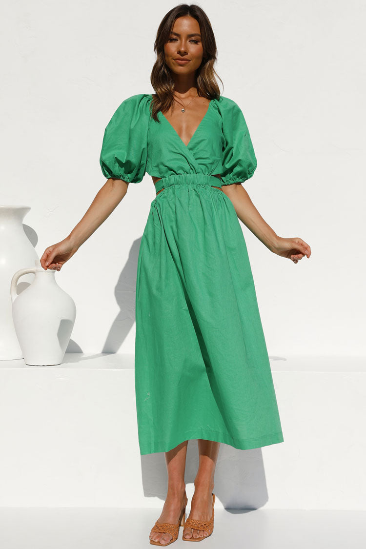 Vintage Puffärmel Tiefer V Ausschnitt Strandurlaub Midikleid - Grün