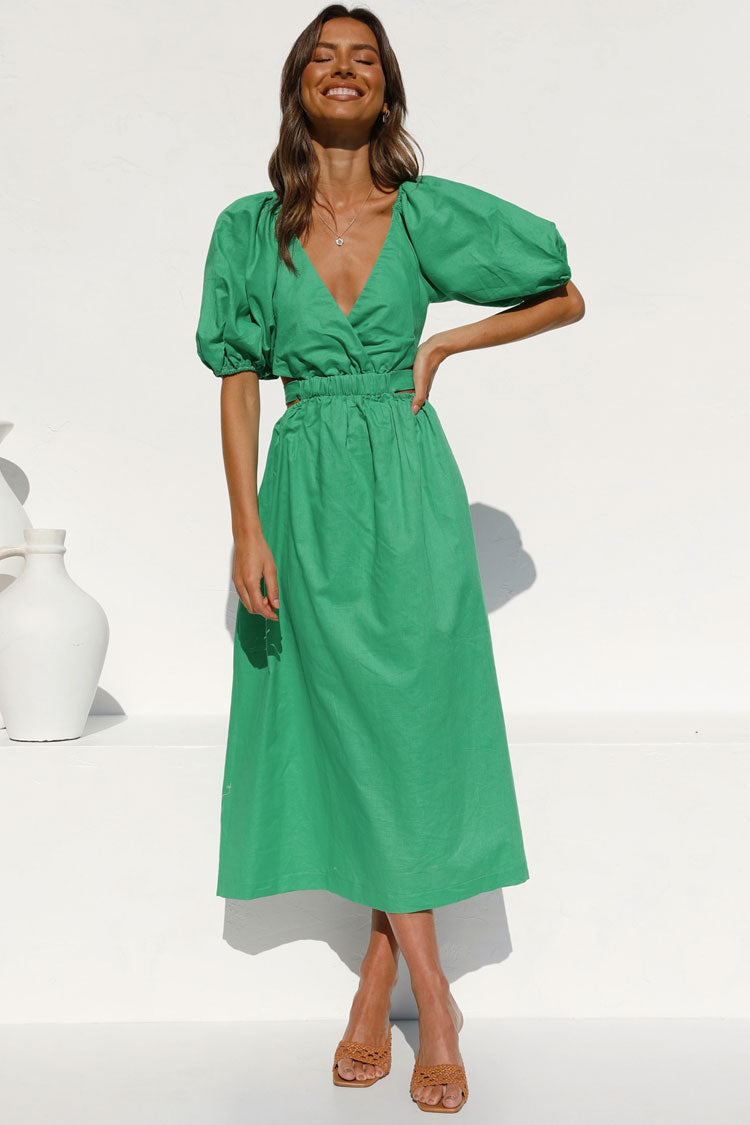 Vintage Puffärmel Tiefer V Ausschnitt Strandurlaub Midikleid - Grün