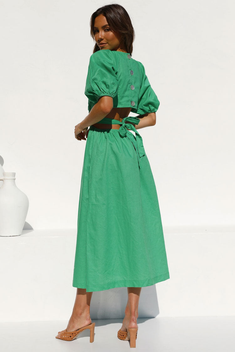 Vintage Puffärmel Tiefer V Ausschnitt Strandurlaub Midikleid - Grün