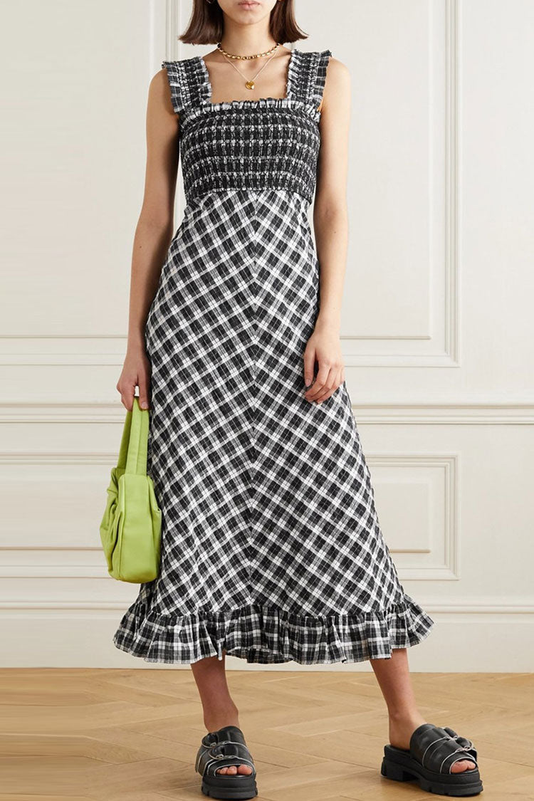 Vintage Midi-Sommerkleid mit quadratischem Ausschnitt und Strumpfhaltern, gesmoktem Karomuster - Schwarz